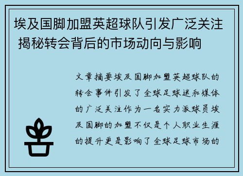 埃及国脚加盟英超球队引发广泛关注 揭秘转会背后的市场动向与影响