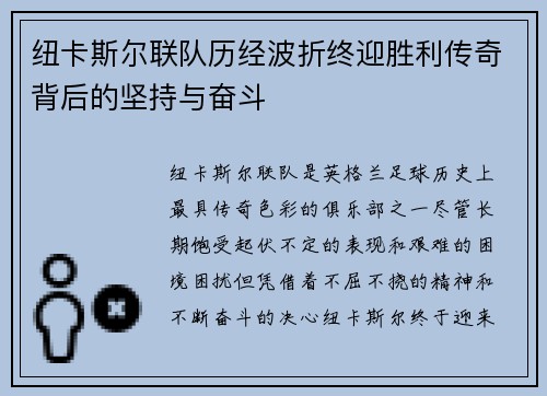 纽卡斯尔联队历经波折终迎胜利传奇背后的坚持与奋斗