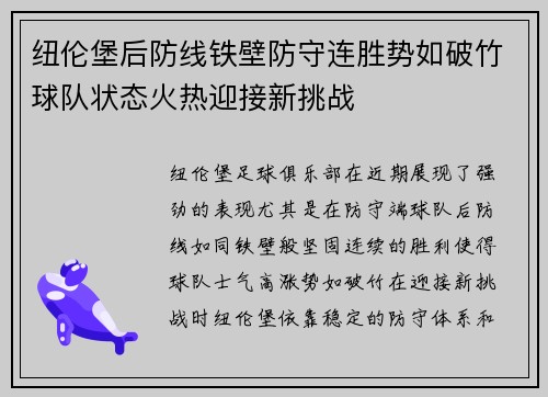 纽伦堡后防线铁壁防守连胜势如破竹球队状态火热迎接新挑战