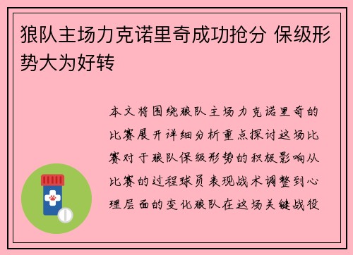 狼队主场力克诺里奇成功抢分 保级形势大为好转