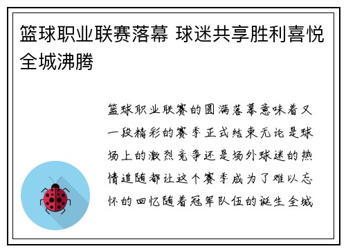 篮球职业联赛落幕 球迷共享胜利喜悦全城沸腾