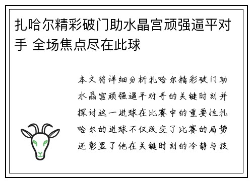 扎哈尔精彩破门助水晶宫顽强逼平对手 全场焦点尽在此球