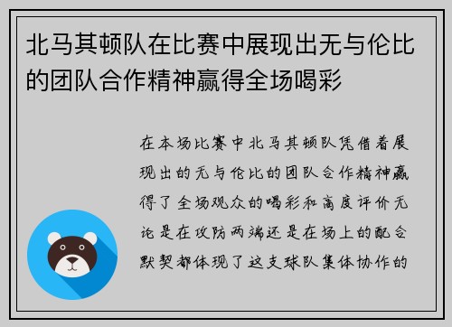 北马其顿队在比赛中展现出无与伦比的团队合作精神赢得全场喝彩