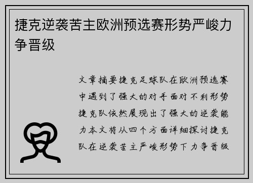 捷克逆袭苦主欧洲预选赛形势严峻力争晋级